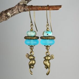HAND CRAFTED Parrot Bird Turquoise Jasper Beach Glass Dangle Drop Earrings